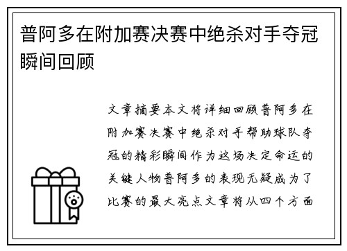 普阿多在附加赛决赛中绝杀对手夺冠瞬间回顾